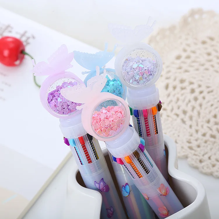 1 piece Butterfly sequined ten-color ballpoint pen cute student pen multicolor pen. Random color