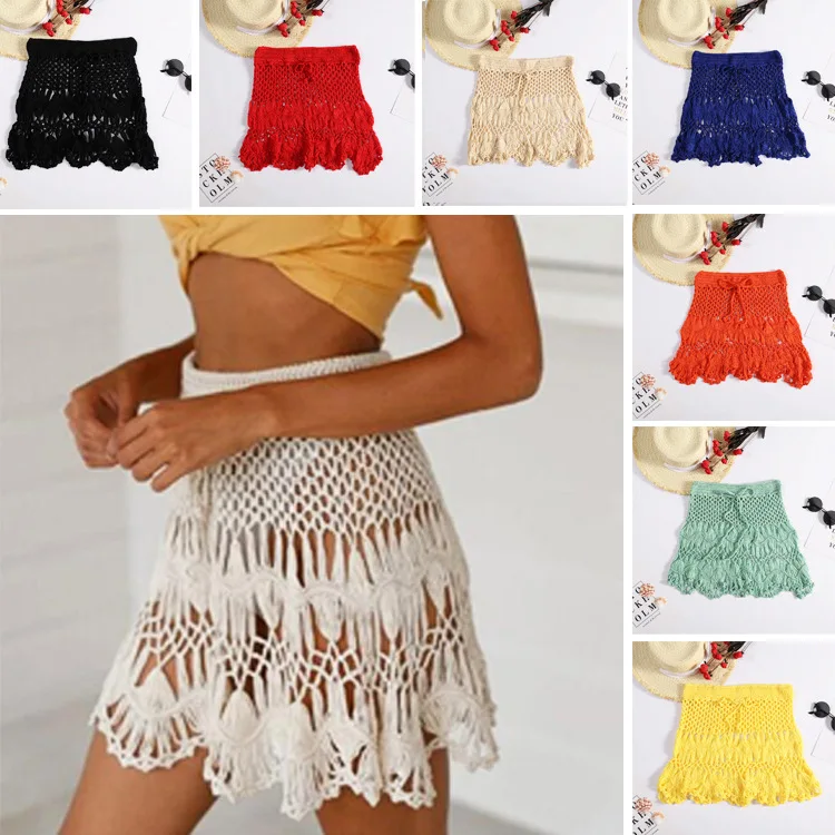 White Sexy Knitted Mesh Short Overskirt For Women Sunscreen Bridal Overlay Cover-Ups Wedding Skirt Beach  Swimsuits Skirts