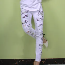 New Embroidered Flares Jeans Woman Fashionable White Hole Ripped Stretch Pencil Pants Diamond Casual Denim Trouser Female