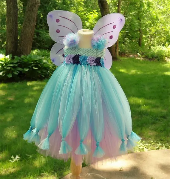 Lovely Baby Girls Butterfly Fairy Flower Tutu Dress Kids Crochet Dress with Wing Set Children Christmas Party Costume Dresses