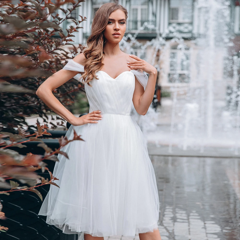 Simple Off-the-shoulder White Wedding Dress Short A-line Vestido de Novia Curto Soft Tulle Knee-length Wedding Reception Gown