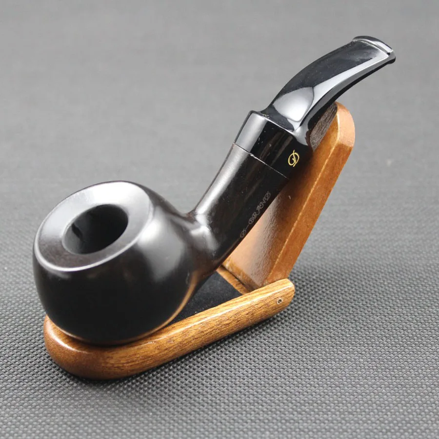 Unique Bent Handmade Nature Ebony Wood Smoking Pipe Round Tobacco Wooden Smoke Pipe Gift 10pc 9mm Filters + Pouch + Holder #410S