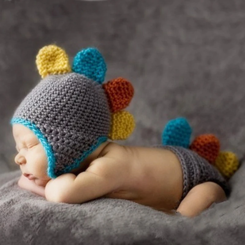 

Crocheted Baby Boy Dinosaur Outfit Infant Newborn Photography Props Handmade Knitted Photo Prop Infant Hat+Pants Accessories