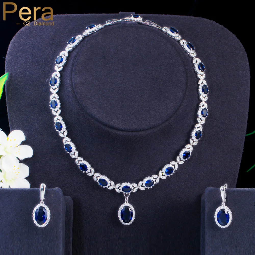 Pera Beautiful Royal Blue CZ Crystal Big Oval Drop Earrings and Pendant Necklace Sets for Women Anniversary Jewelry Gift J426