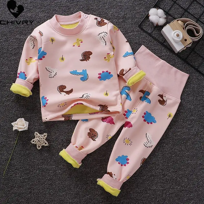 New Kids Boys Thicken Warm Pajama Sets Baby Girls Cartoon Print O-Neck Tops with Pants Autumn Winter Sleeping Clothing Sets