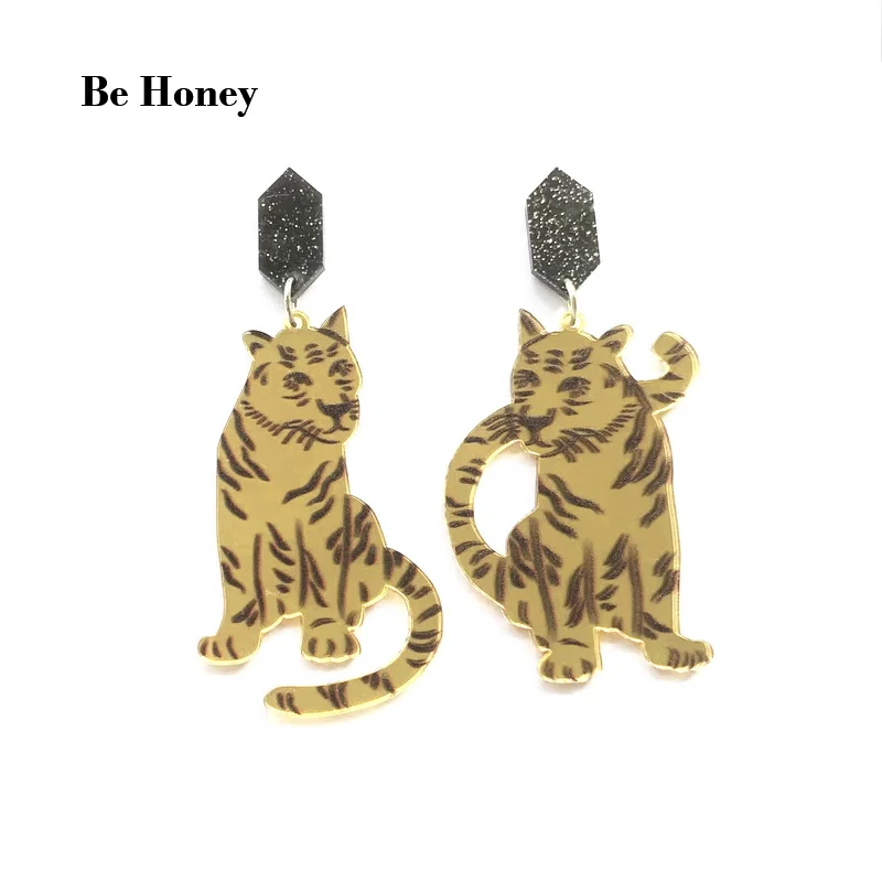 Trendy Simulation Animal Tiger Mirror Acrylic Stud Earrings for Women Irregular Asymmetric Dangle Earrings Fashion Jewelry