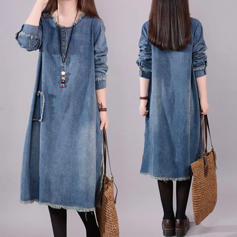 NYFS 2024 New Spring Autumn Woman Dress Loose Korea Denim Dress Vestido de mulher Robe Dresses