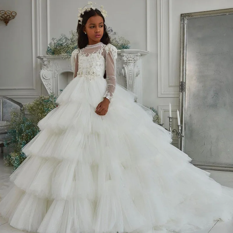 

White Long Sleeve Flower Girl Dresses Princess Jewel Neck Girls Birthday Party Dress Christmas Tiered Skirt First Communion Gown