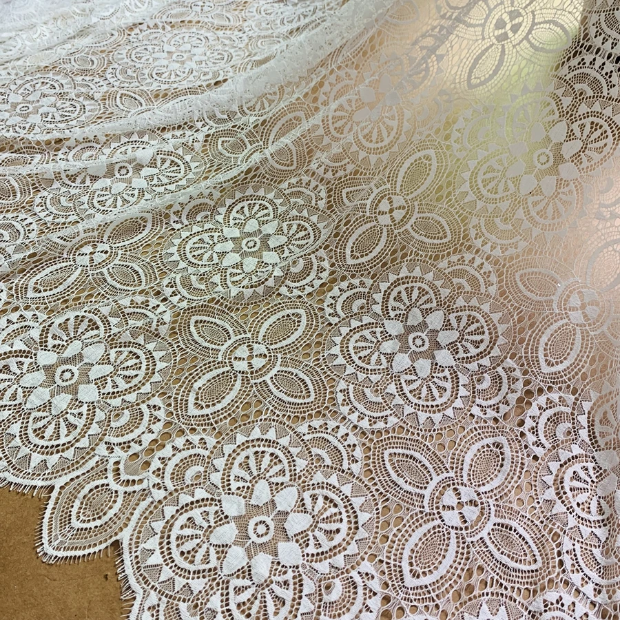 SOFT Quality Geometric Style Eyelash French Lace Fabric Dress Material 1 Piece=1.5x3 Meters Off White Black Color