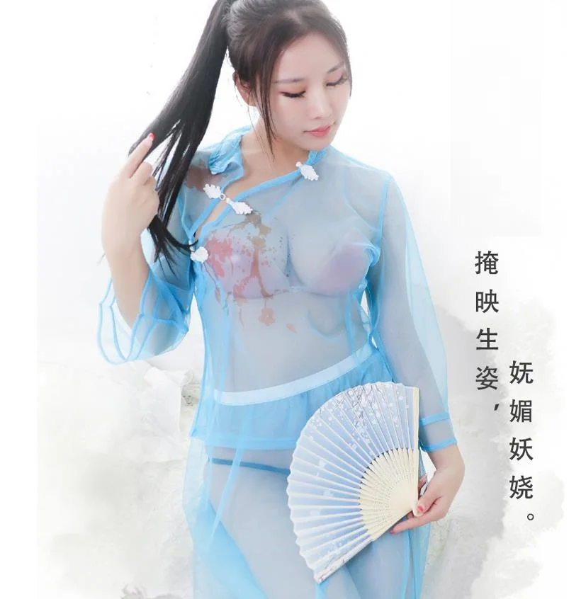 Women Lady Sexy Customized Cheongsam Set Transparent Mesh Uniform Qi Pao Retro Stylish