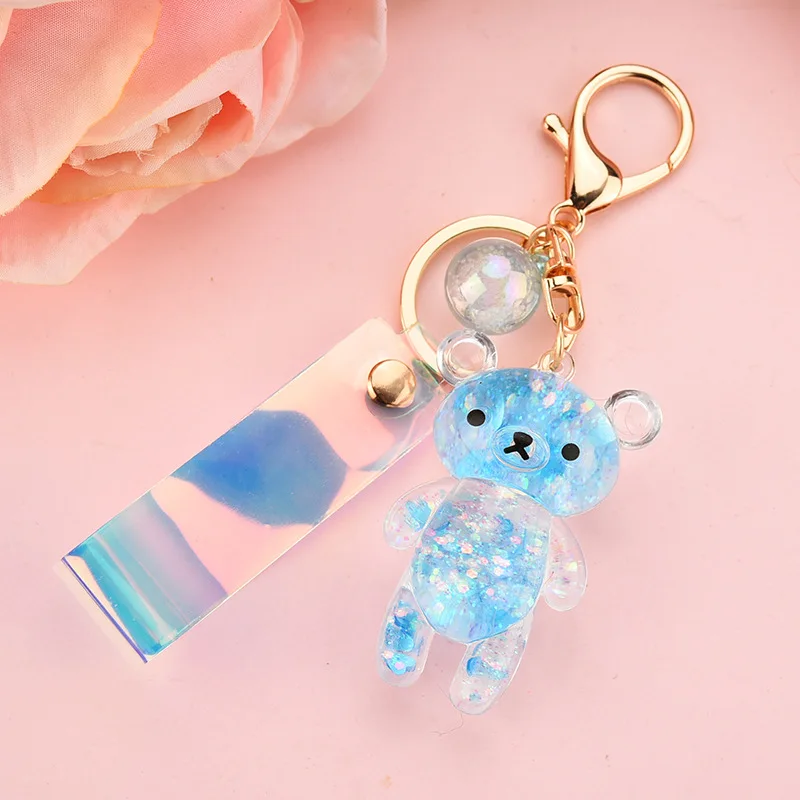 Bonito líquido glitter urso areia movediça lantejoulas chaveiro dos desenhos animados animal líquido chaveiro saco pingente casais keyfob chaveiro