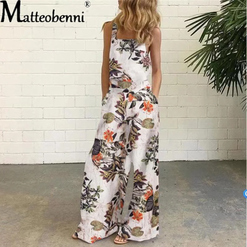 2021 Women Summer Jumpsuit Women Rompers Sexy Sleeveless Wide Leg Printed Overalls Suspenders Pantalon Femme Playsuit