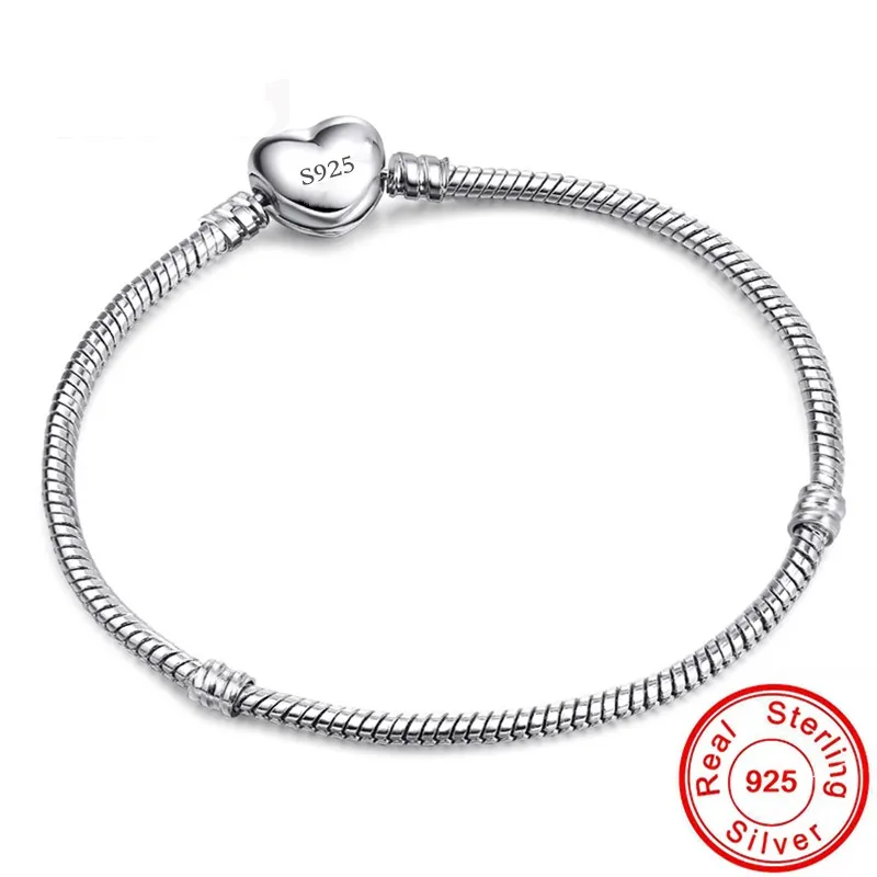 Handmade Jewelry Real 925 Sterling Silver Charm Bracelet Bangle Smooth Heart shape Bracelets for Women men DIY Jewelry 16-23cm