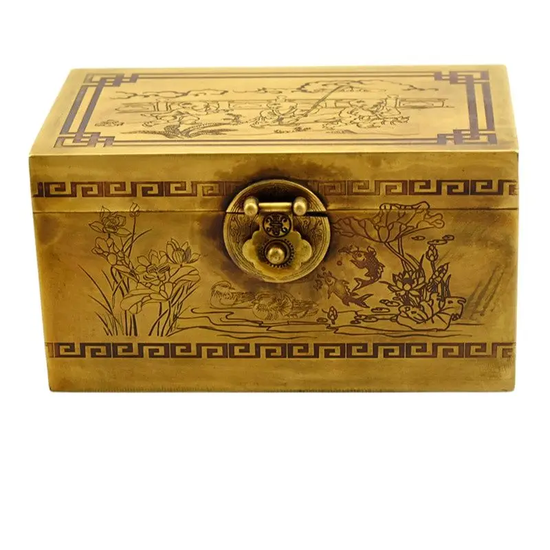 Chinese Old Beijing Treasure Chest, Copper Storage Box, Brass Boy's Play Spring Figure Jewelry Box