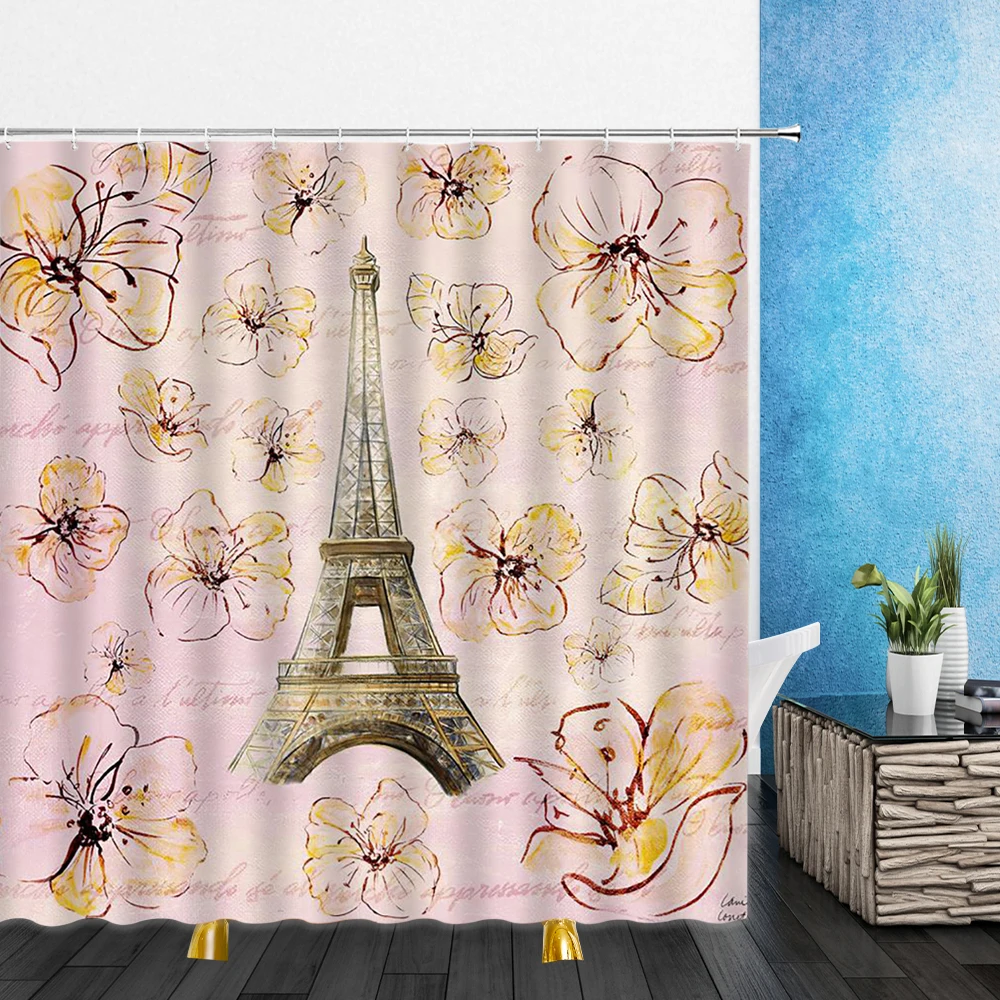 Cartoons Shower Curtains France Iron Tower Car Landscape 3D Print Bathroom Home Decor Waterproof Polyester Cloth Curtain Set