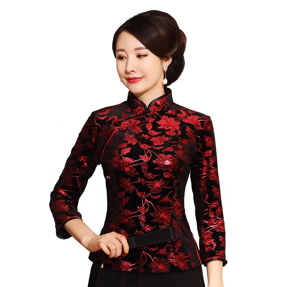 Shanghai Story Chinese Button Woman\'s Shirt chinese traditional top 3/4 Sleeve cheongsam top Velvet traditional Chinese blouse