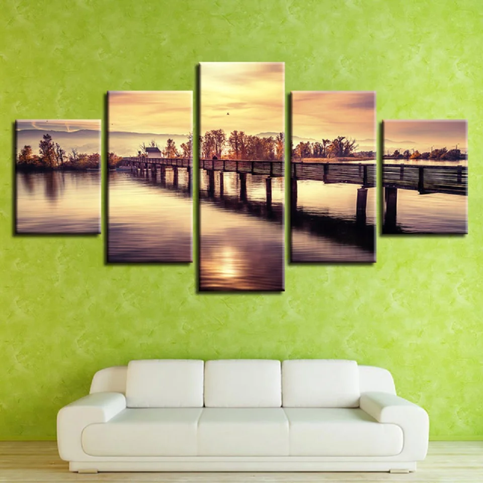 

Pictures Framework Decor HD Printed 5 Pieces Bridge Lake Sunset Dusk Landscape Wall Art Canvas Paintings Modular Poster Artworks