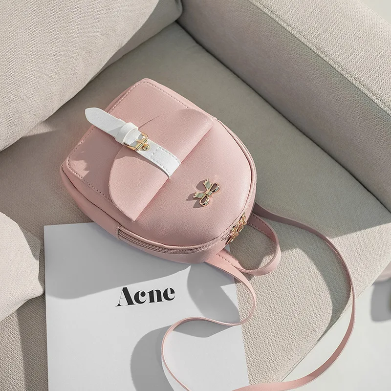 Ladies New Fashion Metal Bowknot Decorated Zipper PU Compact Backpack Go Out Portable Change Mobile Wallet Storage