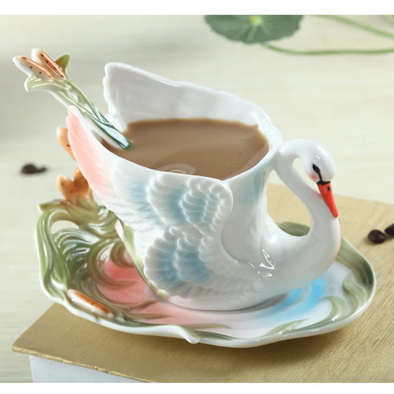 Swan Coffee Mugs With Saucers Spoons Colored Enamel Porcelain Cup Breakfast Thermal Tea Water Bottle Christmas Brithaday Gift