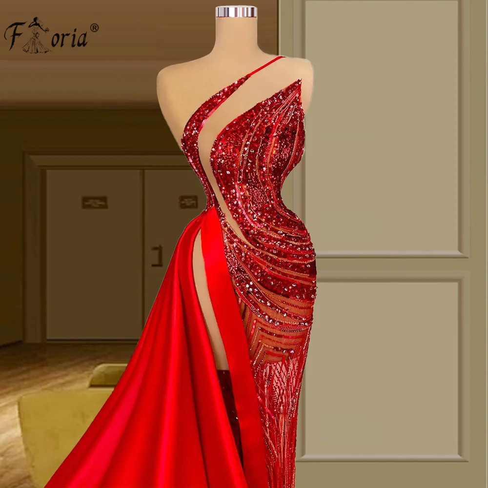 Dubai Sparkle Red Evening Dresses Thigh High Slit Ruched Beading Prom Gowns Sequins  Arabic Wedding Party Gown Vestidos