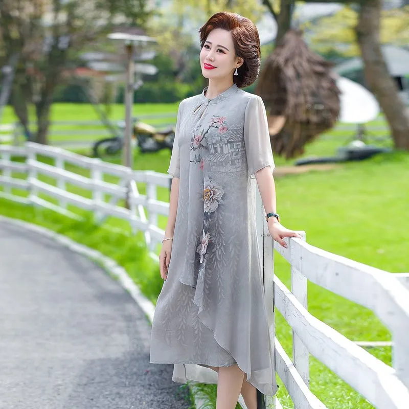 New Summer Silk Middle Aaged Women Chiffon Short Sleeve Midi Dress Female Elegant Mother  Dresses Vestitos