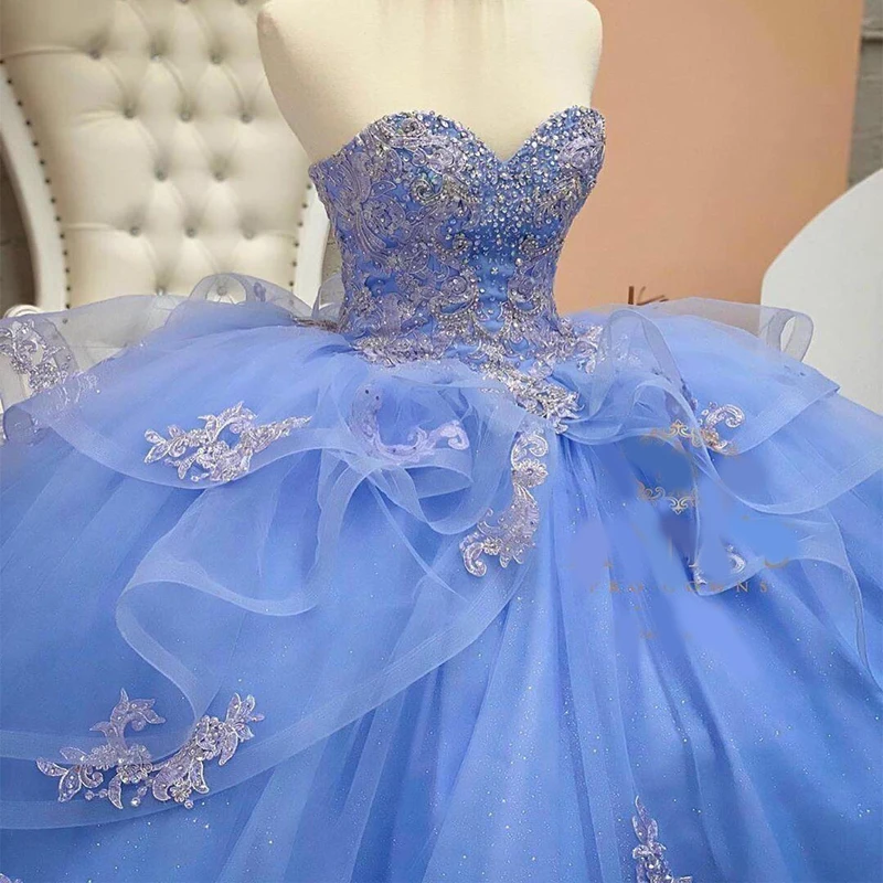 Vestido de baile azul cielo claro con cuentas, quinceañera, escote en forma de corazón, lentejuelas, apliques para 15 y 16 años, 2021