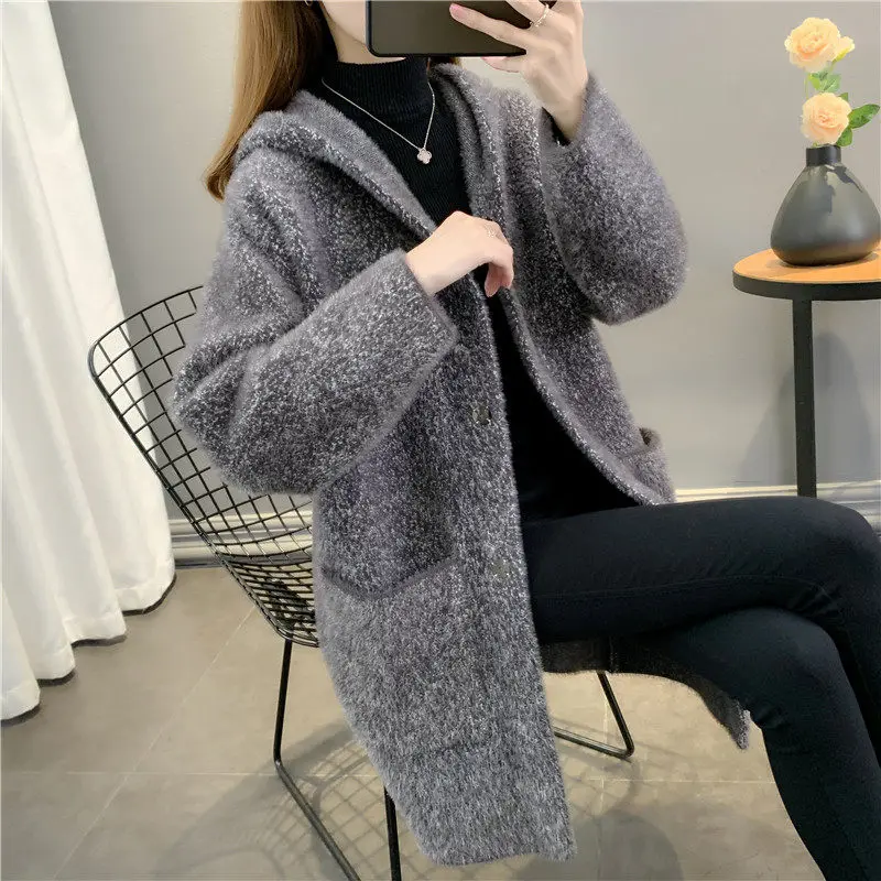 

Women's Autumn And Winter Coat Long Mink Cashmere Knit Jacket New Fashion Korean Loose Hooded Sweater Thick Cardigan M1514