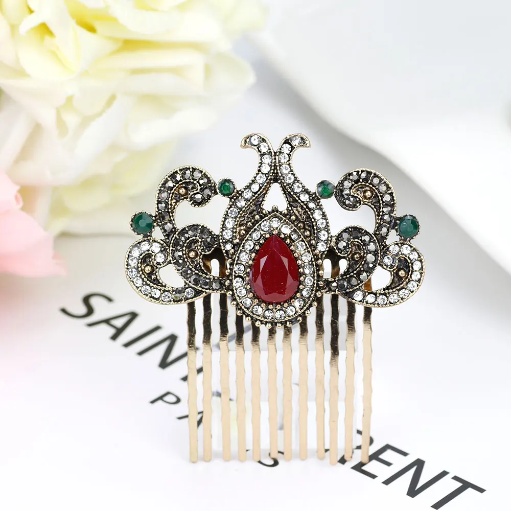 Sunspicems Turkish Women Flower Hair Comb Retro Gold Color Full Rhinestone Arab Ethnic Indian Hair Worn In a Bun Coil Jewelry