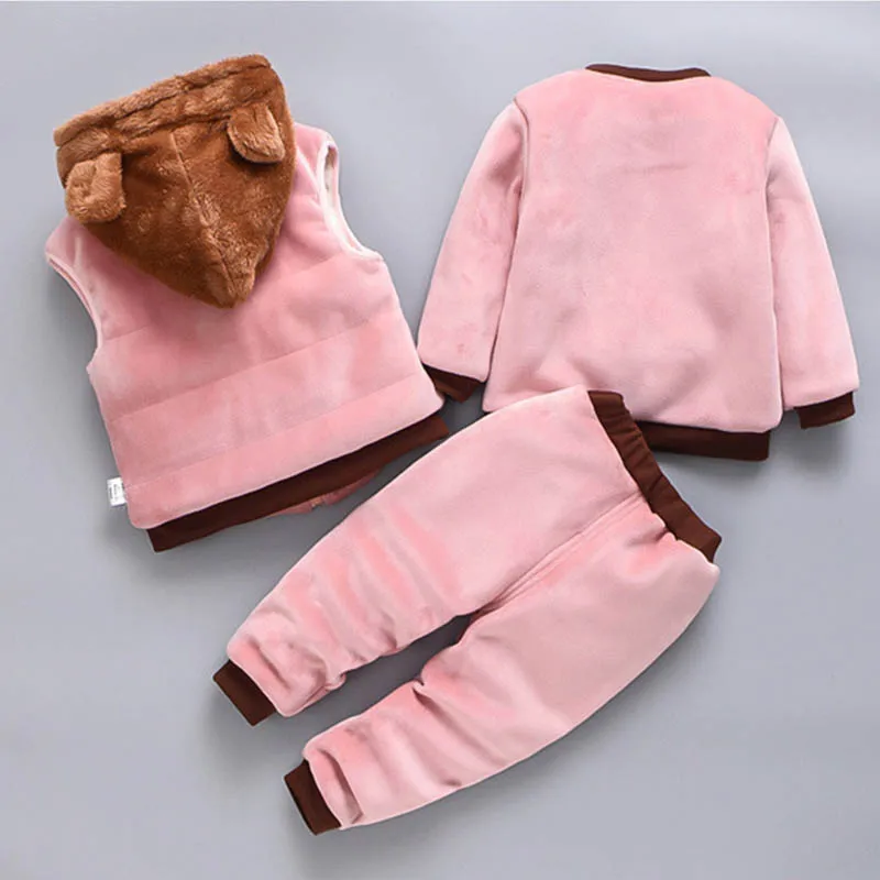 Conjunto de ropa para bebés y niñas, prendas de vestir con capucha, Tops, pantalones, trajes de 3 piezas, traje cálido para niños pequeños