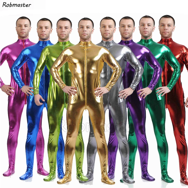 Men Latex Suit Black Shiny Metallic Tights Gold Zentai Suit headless Unitard Skin Bodysuit Zipper Front Jumpsuit Bodysuit