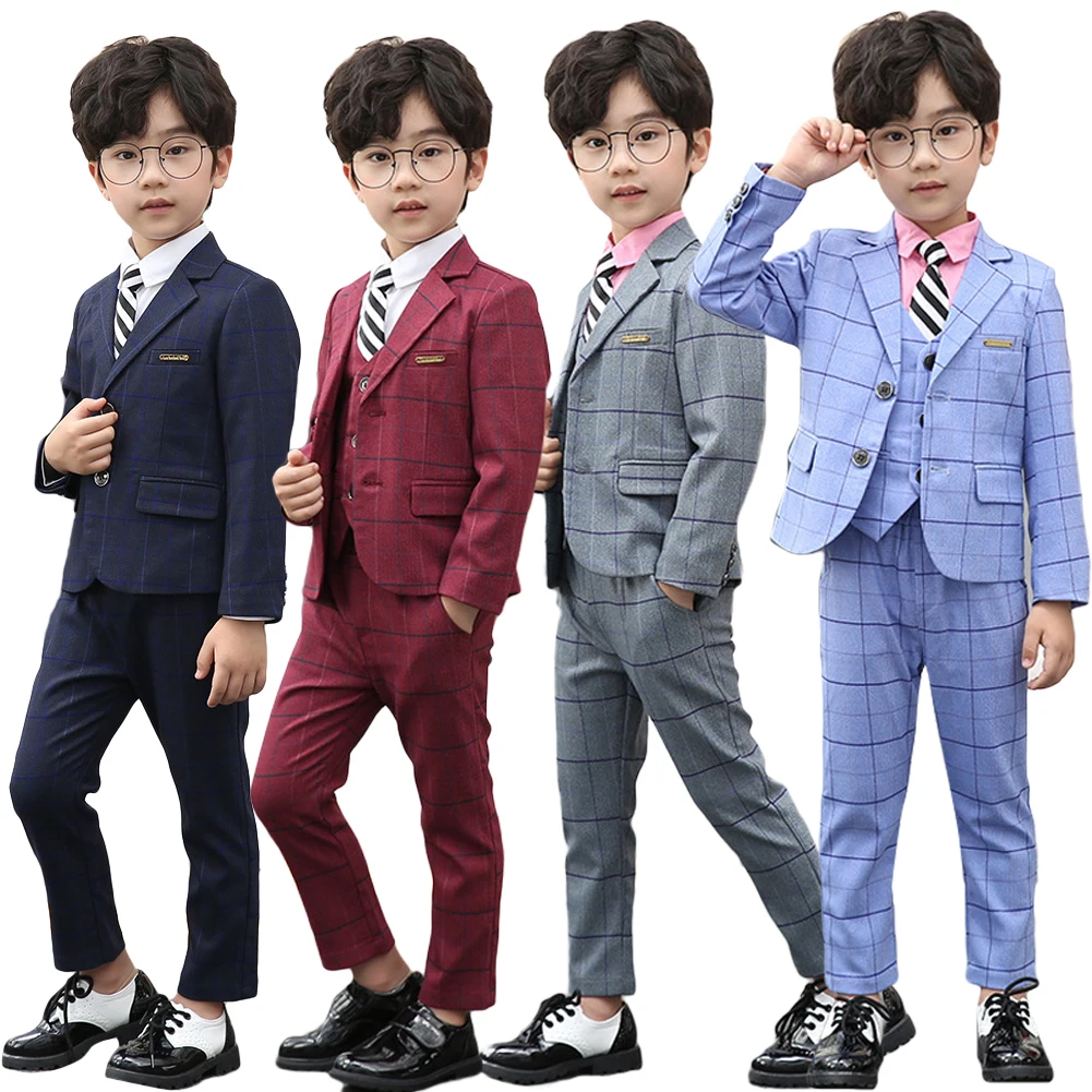 

5PCs Kids Boys Gentleman Formal Suit Plaid Blazer Pants Vest Shirt Tie Formal Attire Tuxedo Wedding Birthday Party Clothing