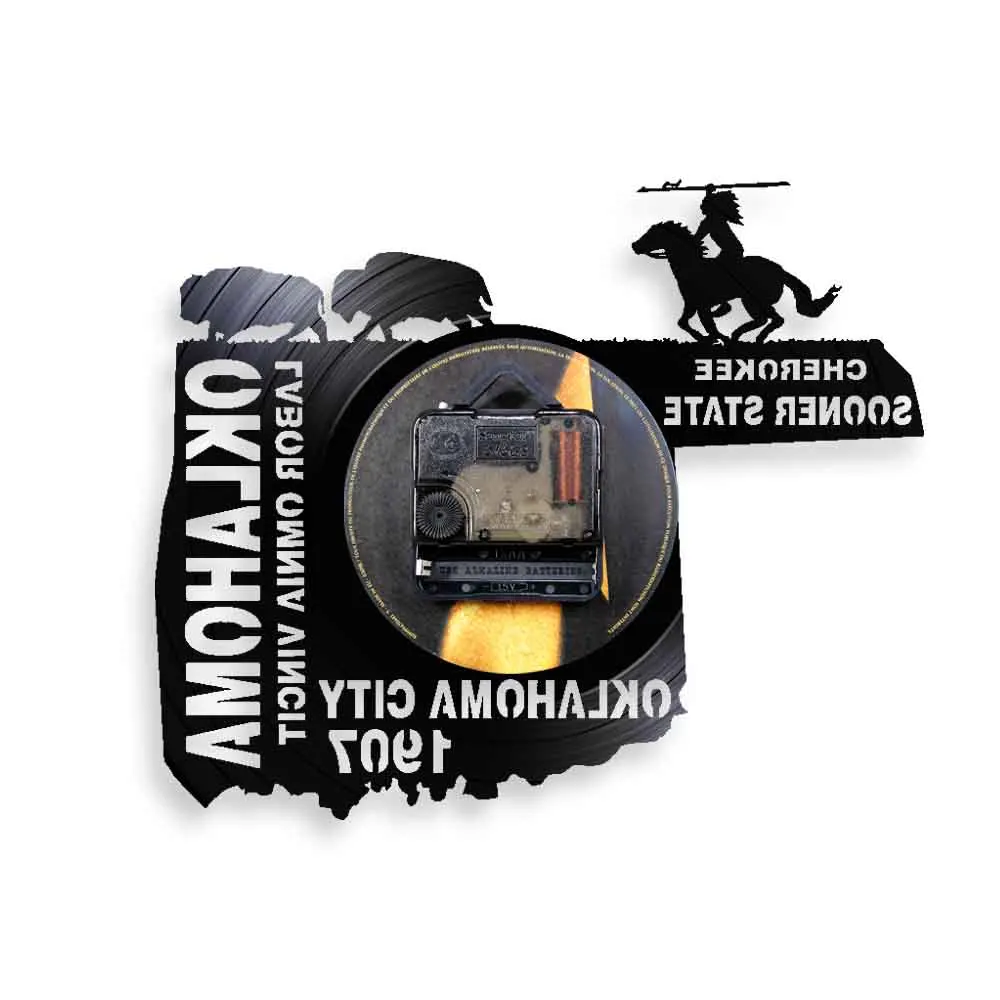 Labor Omnia Vincit Oklahoma Symbols Vinyl Record Wall Clock USA Geography Cherokee Sooner State Retro Music Album Longplay Clock