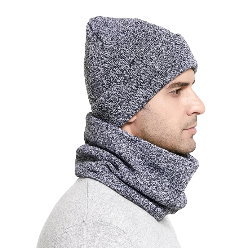 Winter Men Hats Scarf Set Keep Warm Thick Knitted Caps Winter Accessories Male Beanie Scarf Autumn Thicken Hedging Cap