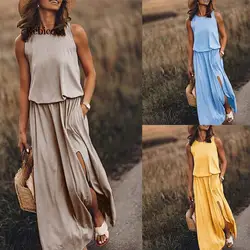 Women's Boho Loose Split Maxi Dresses Sleeveless Elastic Waist Long Dress Female Spring Summer Lady Beach Dresses