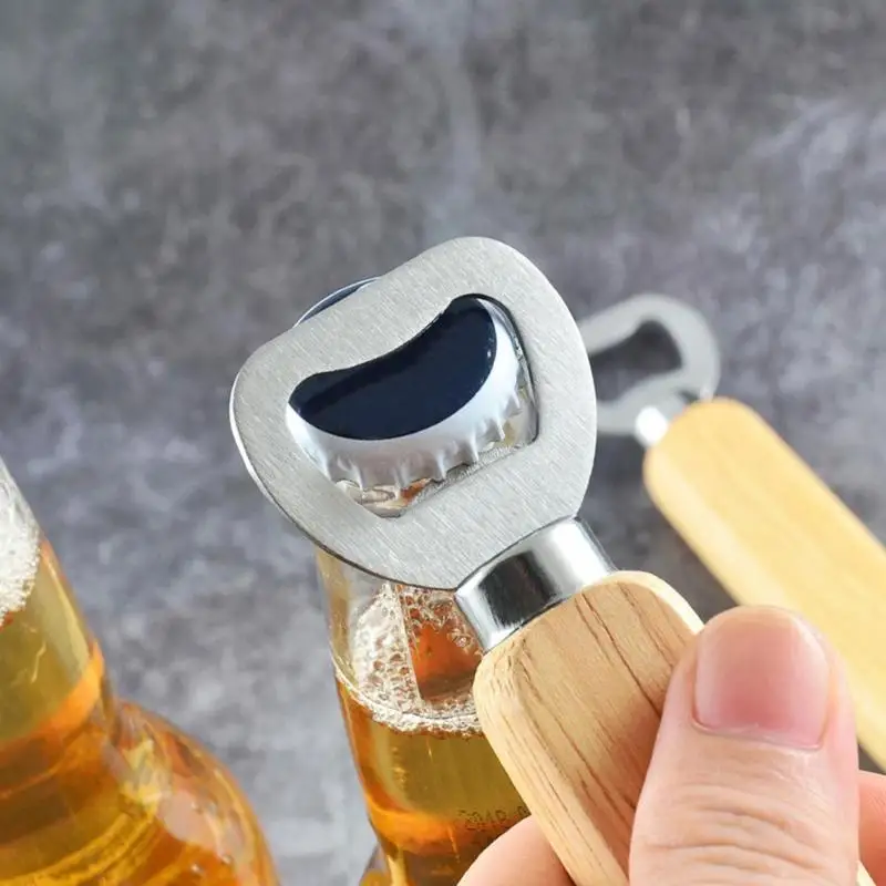 Portable Stainless Steel Bottle Opener Practical Wood Handle Kitchen Beer Opening Tools Necessary Household Beer Bottle Gadgets