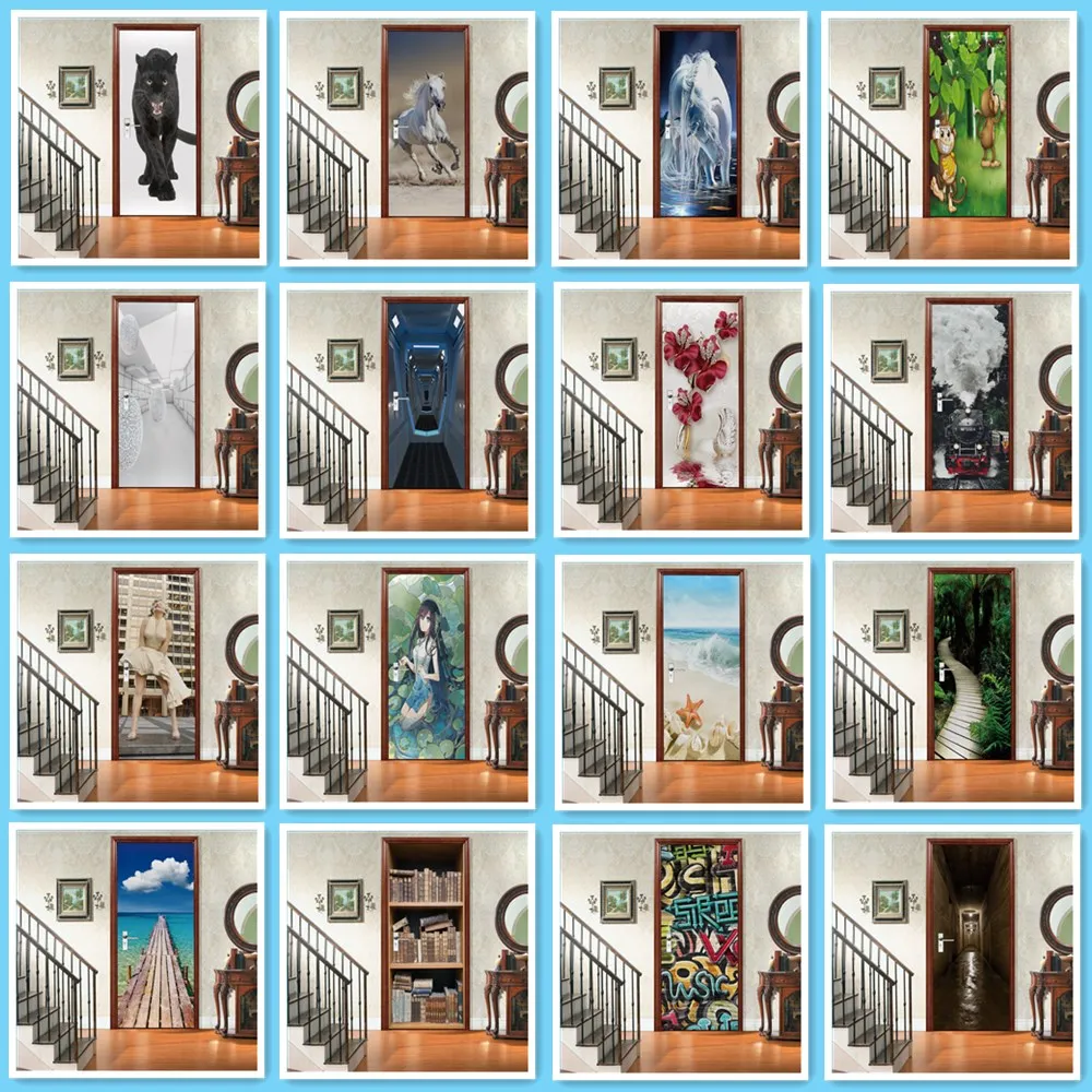 Animals 3D Stickers For The Door Vinyl Wallpaper Adhesive Door Posters Living Room Bedroom Entrance Door Renovation Home Decor