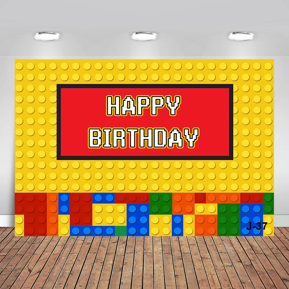 

Birthday Party Decoration Backdrop Building Blocks Bricks Kids Birthday Banner Photo Background Customized for Cake Table