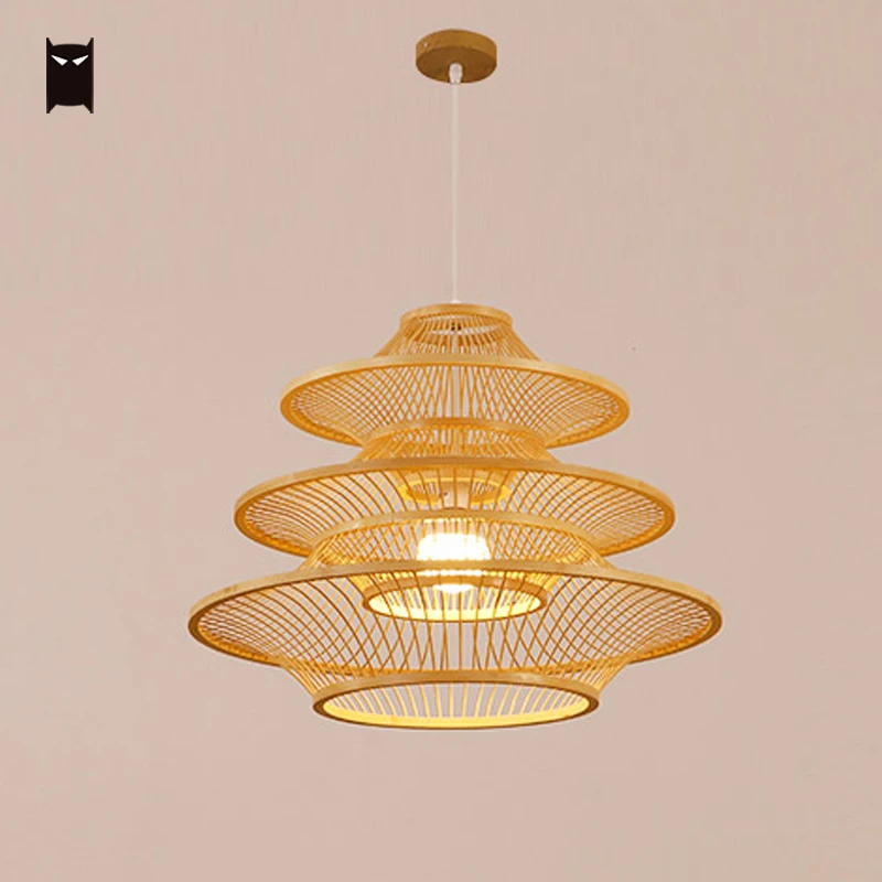 Bamboo Wicker Braided Tower Pendant Light Fixture New Chinese Japanese Style Hang Lamp Villa Salon Restaurant Dining Table Room