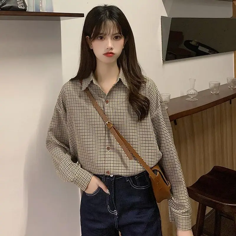 Plaid Shirts Women Autumn Vintage Female Loose Harajuku Tops Stylish Holiday Casual OL Classic Basic Tender Aesthetic Simple Ins