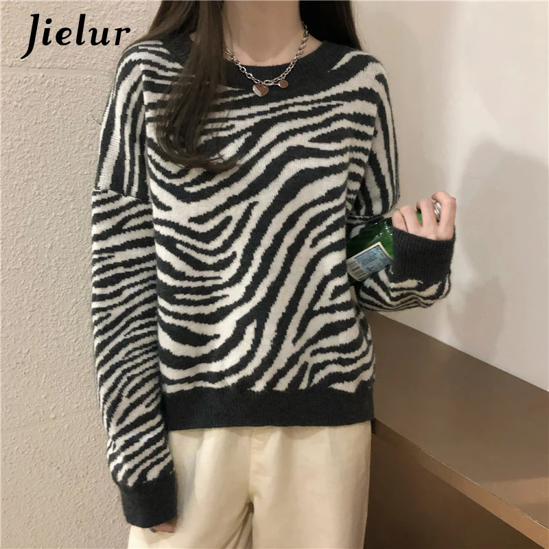 Jielur Winter Harajuku Women's Sweater Loose Pullovers Ladies Soft Striped Zebra Chic Korean Knitted Sweaters O-Neck Casual Top