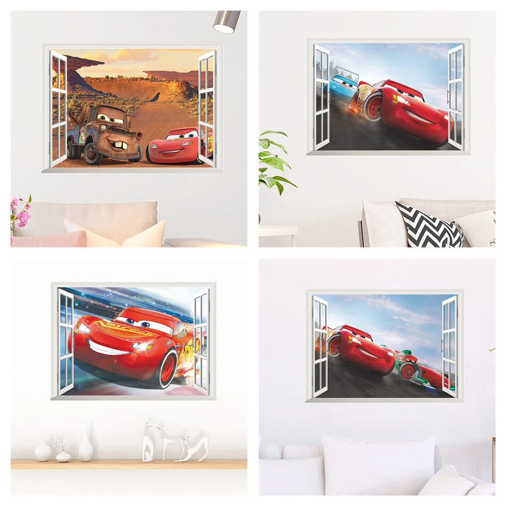 Cartoon Mcqueen Cars Wall Stickers For Kids Room Home Decoration 3d Window Hole Mural Art Boys Decals Diy Anime Movie Posters