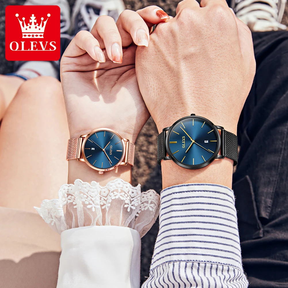 Olevs coppia orologi semplici orologi da polso al quarzo ultrasottili per gli amanti orologio data Display cinturino a maglie orologio relogio masculino