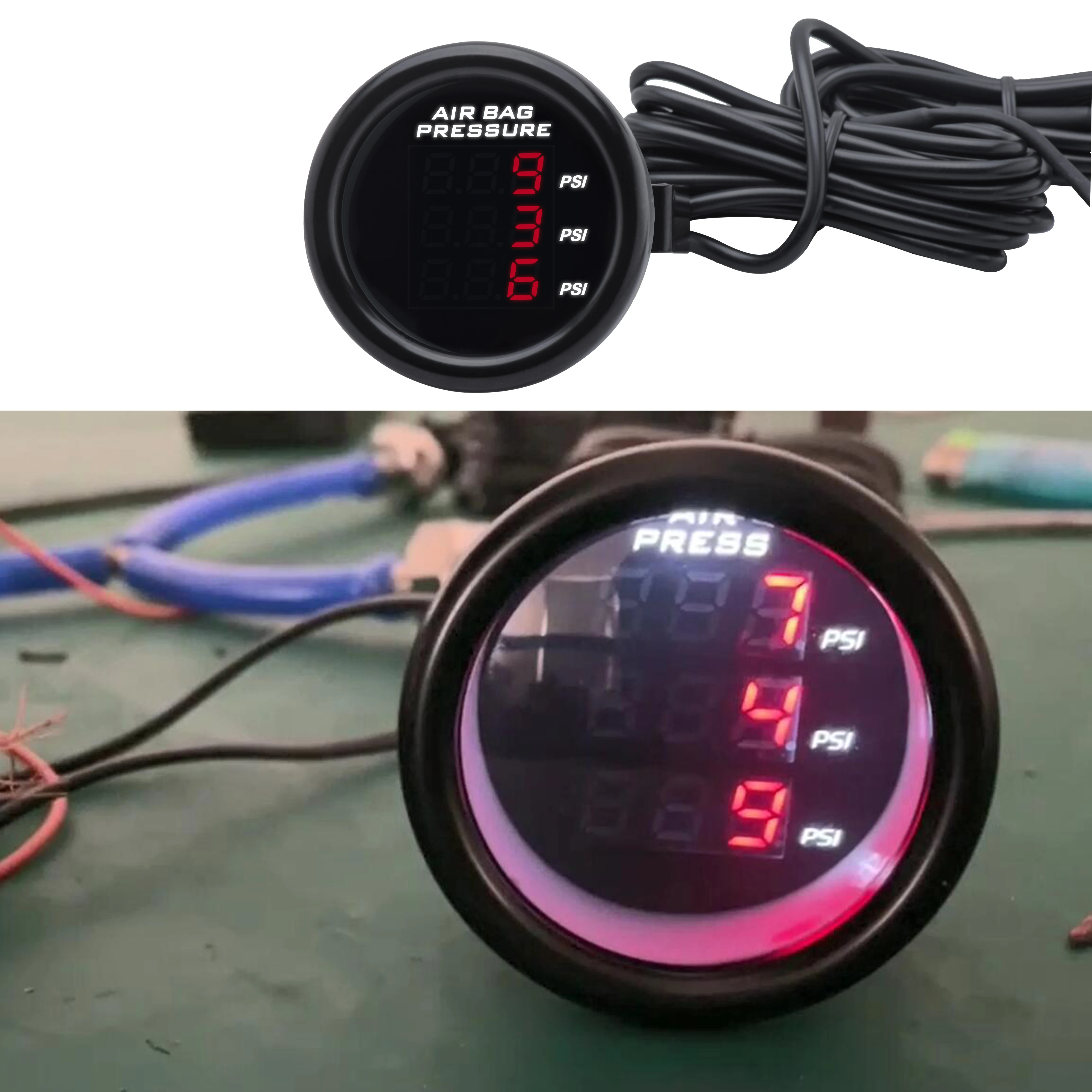 52mm Triple display air pressure gauge PSI air suspension RED&Blue LED With 3pcs 1/8NPT Electrical Sensors