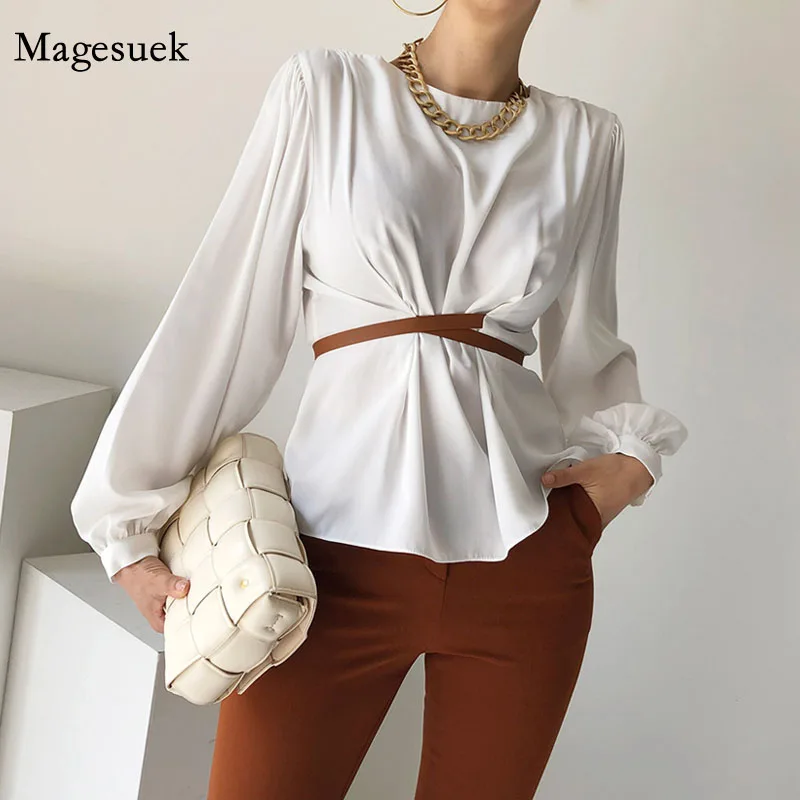 Elegant Fashion White Blouse Women Autumn Round Neck Chic Cross Belt Slim Women's Shirt Korean Long Sleeve Blusas De Mujer 16120