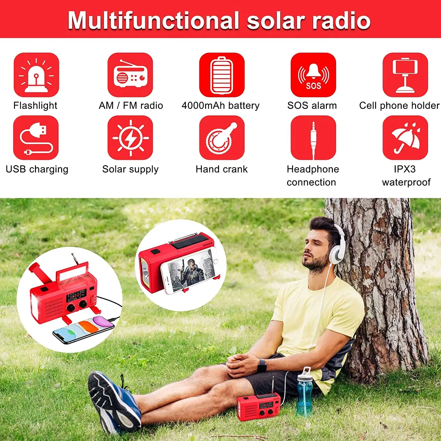 Newest Emergency Solar Power AM/FM Radio Hand Crank Dynamo Rechargeable Generator 4000mAh Bank Multi Flashlight Phone Charger