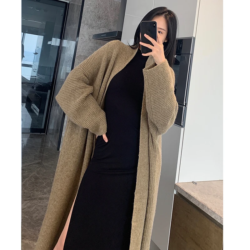 ZAYAU-Khaki Long Knitted Cardigan for Women, Loose Fit Sweater, V-Neck, Long Sleeve, Big Size, New Fashion, Autumn and Winter