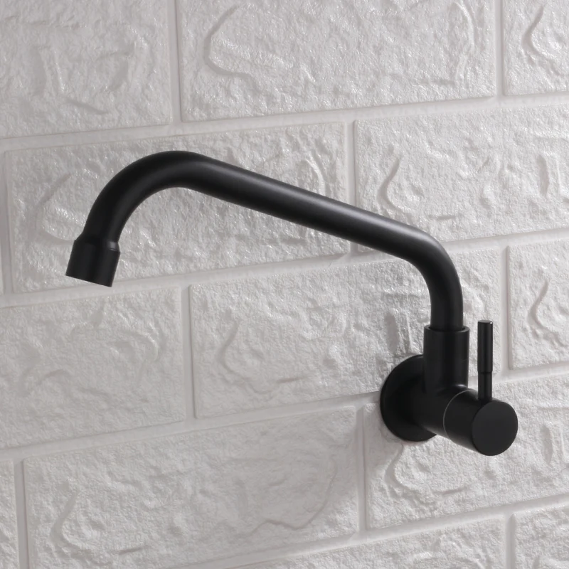 Kitchen Wall-Mounted Single Cold Faucet Rotatable Balcony Mop Pool Sink Sink Black Faucet