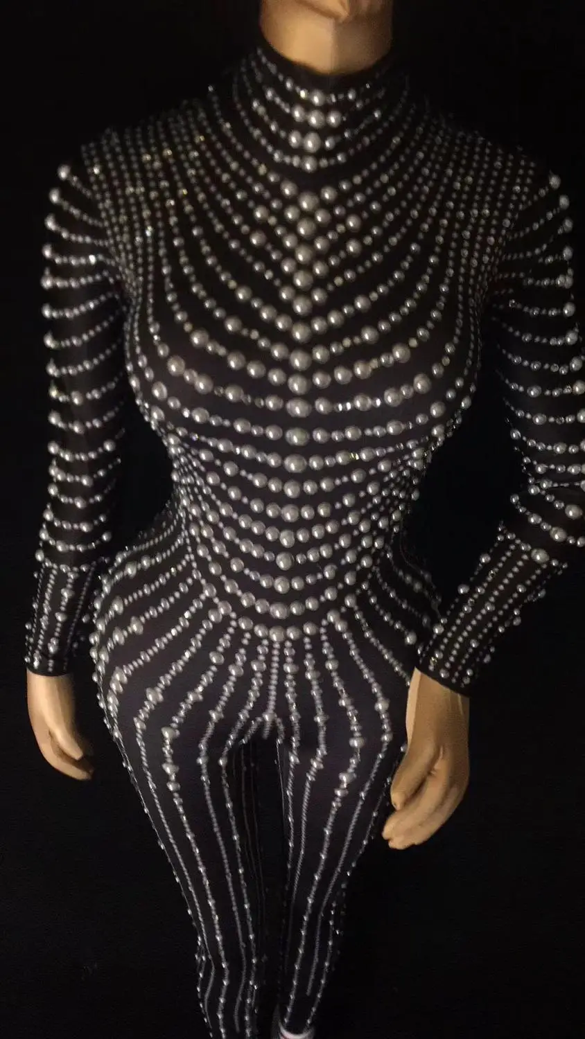 

Sparkly Pearls crystals costumes Black Skin color female jumpsuit Leotard stretch Rompers Bar Party JAZZ DJ performance outfits