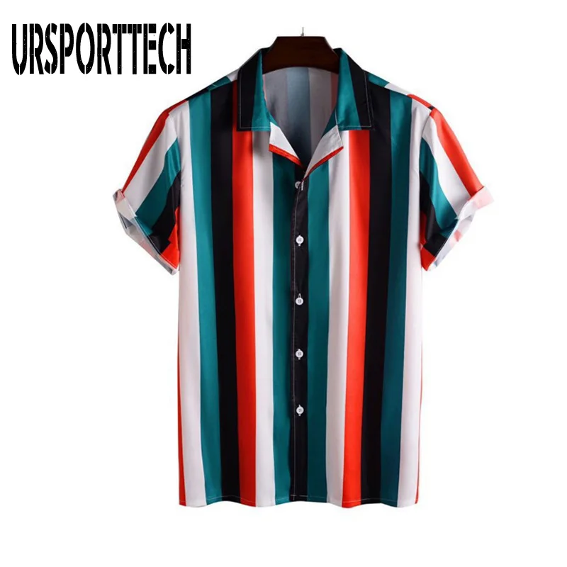 URSPORTTECH New Arrival Men's Shirts Men Beach Vacation Striped Shirts Camicias Button Wild Shirts Short-sleeve Blouses Tops