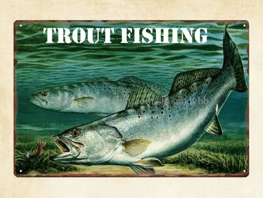 Trout Fishing Water Fishes Metal  Cheap Room Decor giftwares Retro Wall Home Bar Pub Vintage Cafe Decor, 8x12 Inch